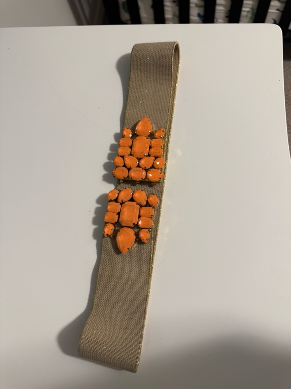 Anthropologie Beige Elastic Belt with Orange Gem Accents